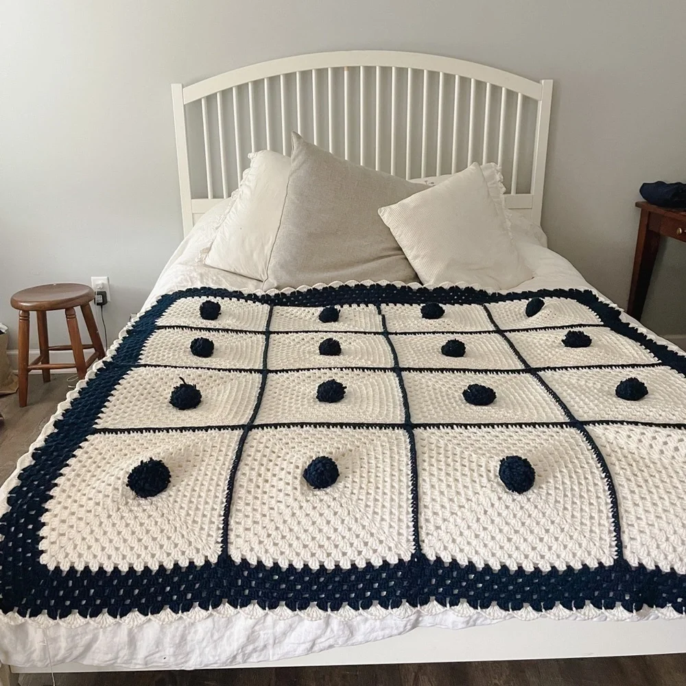 Vintage Handmade Blue White Pom Pom Granny Afghan Blanket 60x60